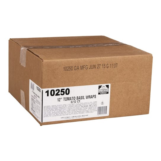A large brown cardboard box labeled 10250 12" Tomato Basil Wraps 6/12 CT. from Mission, with a white product label and manufacturing date printed on top.