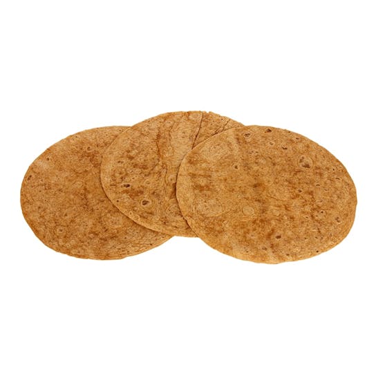 Three whole wheat tortillas overlapping each other, displayed on a white background.