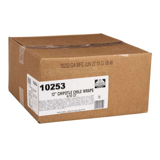 A large brown cardboard box labeled 12" Chipotle Chile Wraps, 6/12 CT, with a Mission Foods logo and product number 10253, sealed with clear tape.