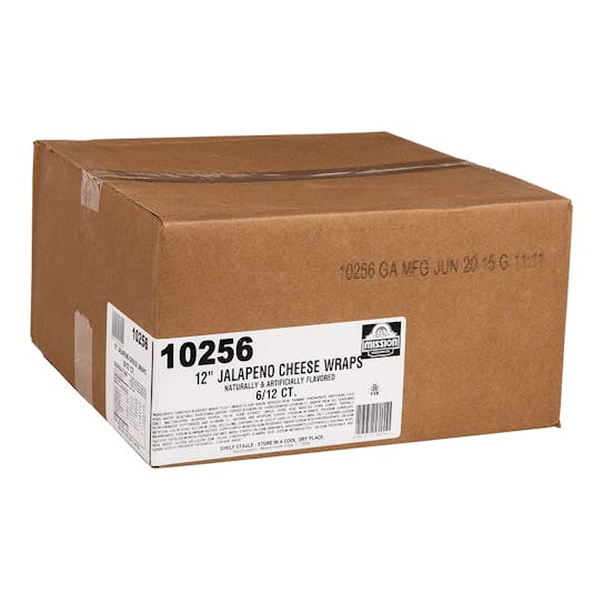 A large brown cardboard box labeled 10256 Mission 12" Jalapeno Cheese Wraps with product details and barcode on the side. The box is sealed with tape and has a printed manufacture date.
