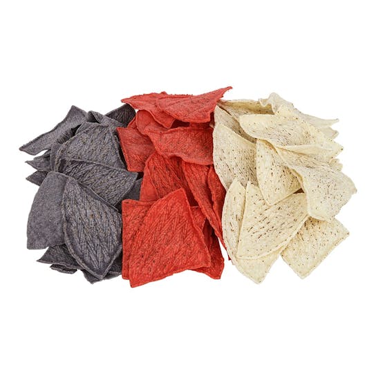 Three piles of tortilla chips are arranged side by side on a white background: one pile is blue, one is red, and one is white.