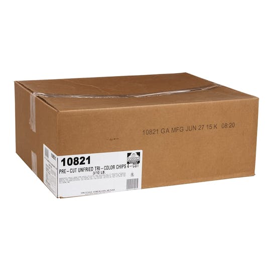 A large, sealed brown cardboard box with a white label that reads 10821 Pre-Cut Unfried Tri-Color Chips. The box has clear packing tape and is placed on a plain white background.