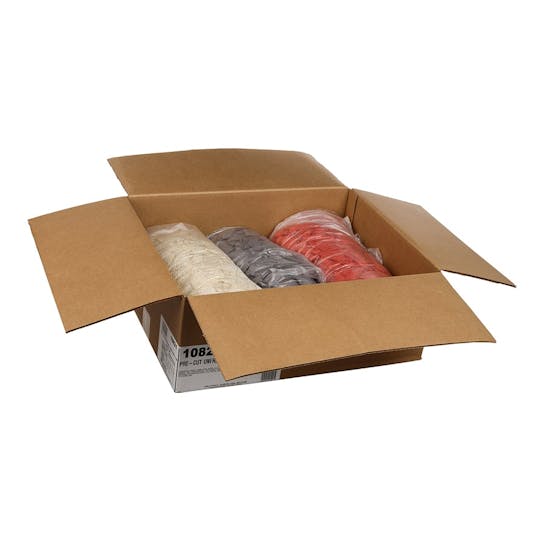 A brown cardboard box with flaps open, containing three clear plastic bags filled with white, blue, and red tortilla chips, arranged side by side.