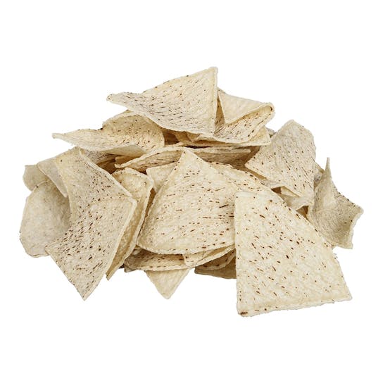 A pile of plain, triangular tortilla chips stacked on a white background.