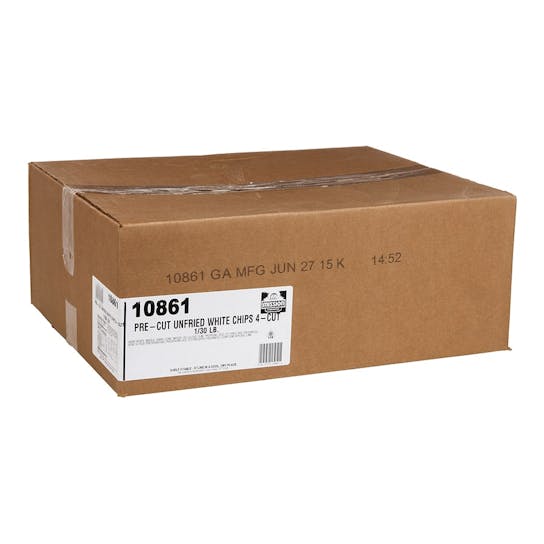 A large brown cardboard box with a white label reading 10861 Pre-Cut Unfried White Chips 4-Cut. The box is sealed with clear tape and sits on a plain white background.