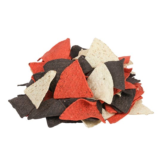 A pile of tri-colored tortilla chips in red, white, and blue colors, arranged randomly on a white background.