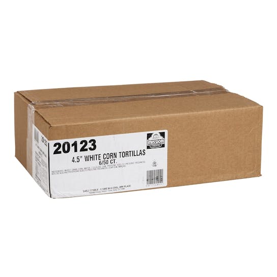 A closed brown cardboard box labeled 20123 Mission 4.5 White Corn Tortillas, 6/50 ct. sits on a white background. The packaging indicates it contains white corn tortillas.