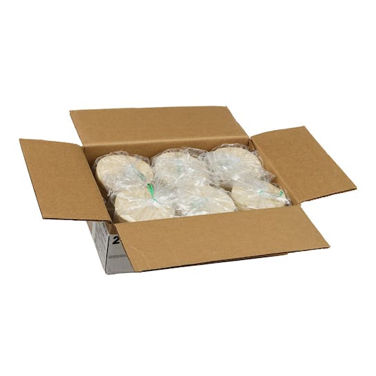 An open cardboard box containing several groups of round tortillas individually wrapped in clear plastic bags and tied with green twist ties.