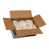 An open cardboard box containing several stacks of round flour tortillas, each stack wrapped in clear plastic.