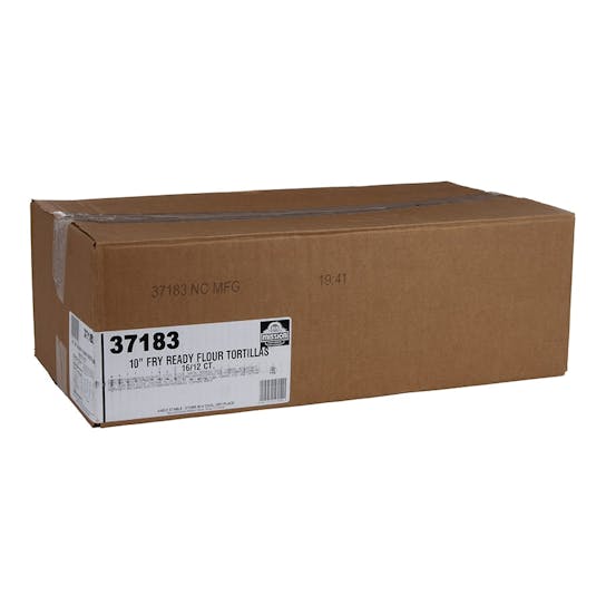 A large brown cardboard box with a label that reads 10 Fry Ready Flour Tortillas, 37183, 16/12 CT. The box is sealed and sits on a plain white background.