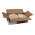 An open cardboard box containing several stacks of flour tortillas wrapped in clear plastic. The tortillas are round and light beige in color. The box is on a white background.