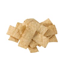 A pile of rectangular, lightly salted corn tortilla chips stacked irregularly on a white background.