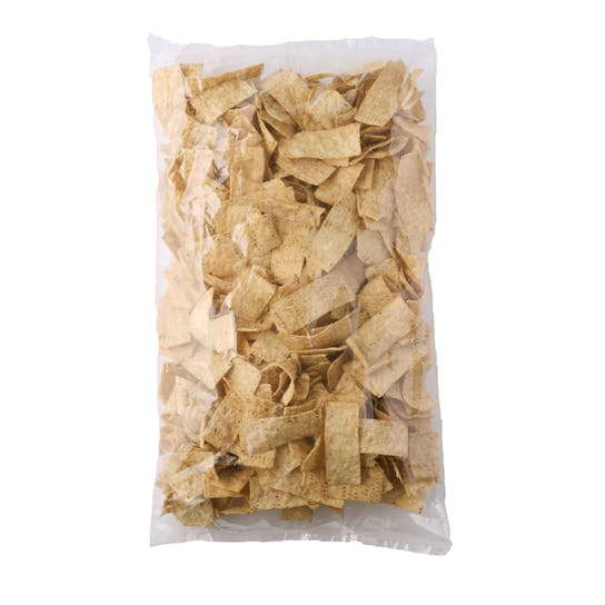 A clear plastic bag filled with rectangular corn chips, sealed and shown on a white background.